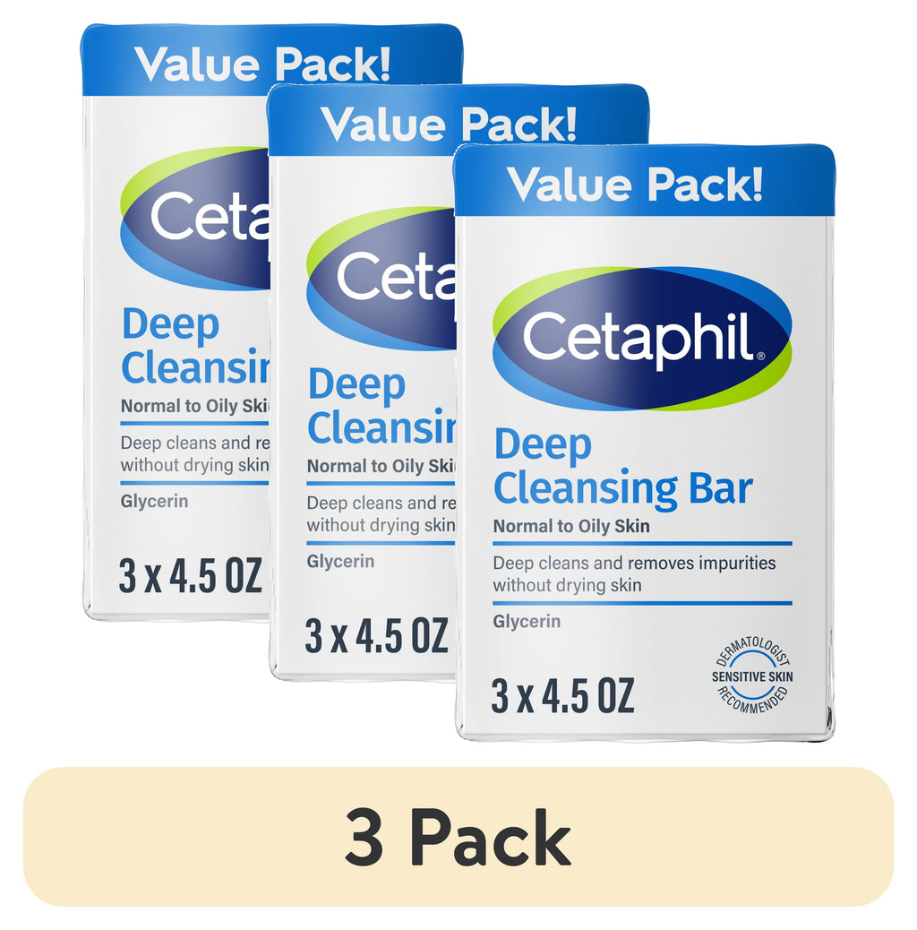 (3 pack) Cetaphil Deep Cleansing Face and Body Bar for Dry to Normal, Sensitive Skin Value Pack, 4.5 oz (Pack of 3)