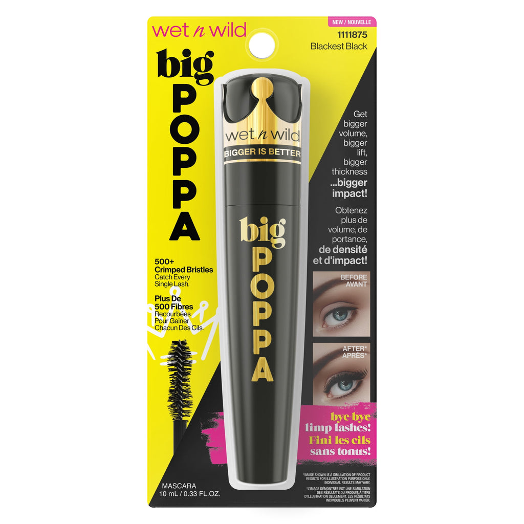Wet n Wild Big Poppa Waterproof Mascara, Volumizing and Lengthening, Blackest Black, 0.34 fl oz