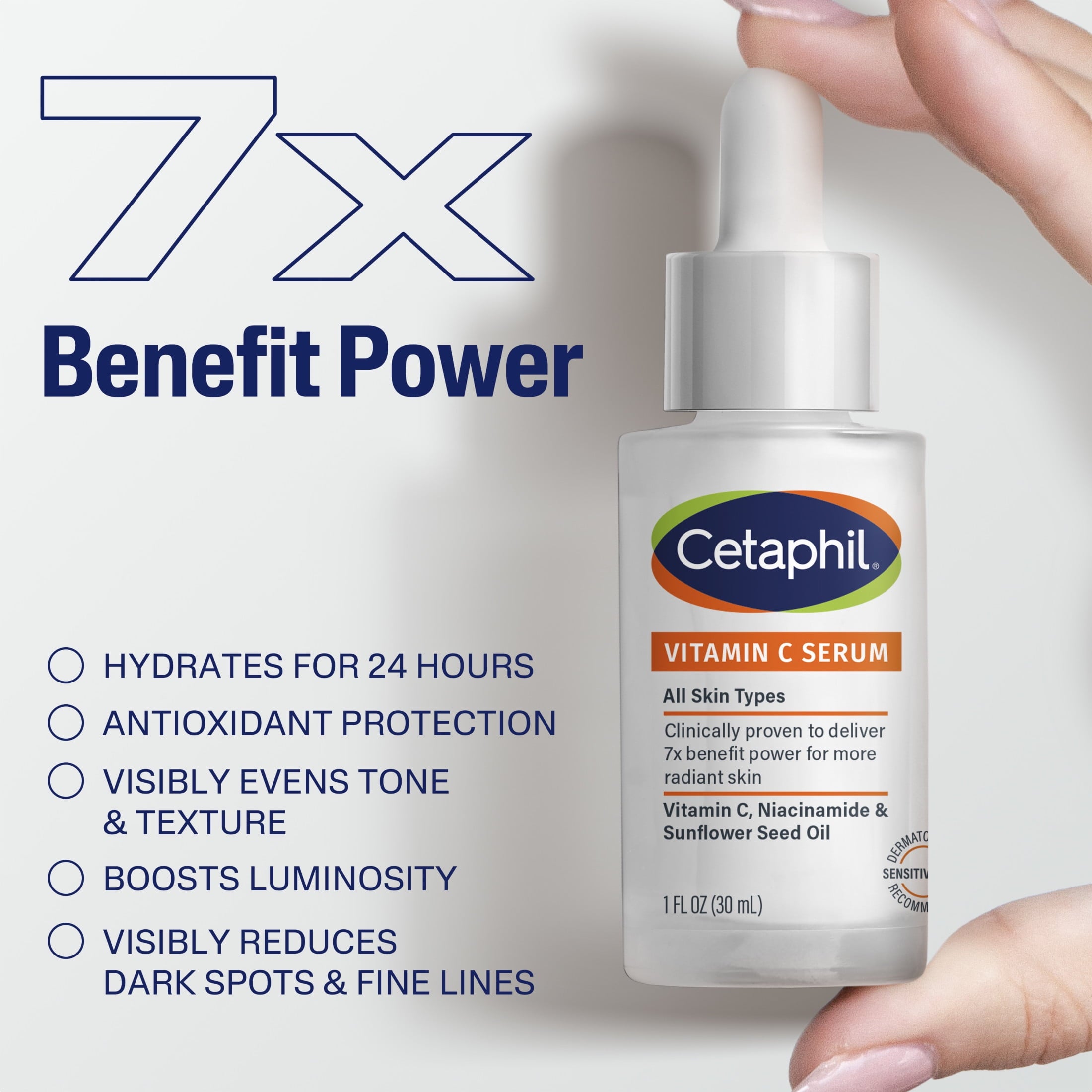 CETAPHIL Vitamin C Serum, Lightweight Face Serum for All Skin Types, Vitamin C, Niacinamide & Sunflower Seed Oil, 1 fl oz